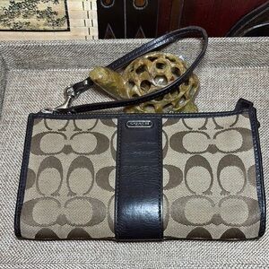 Coach Khaki Signature Wristlet Wallet  w Brown Leather Trim 7.5”Lx4.25”H GUC